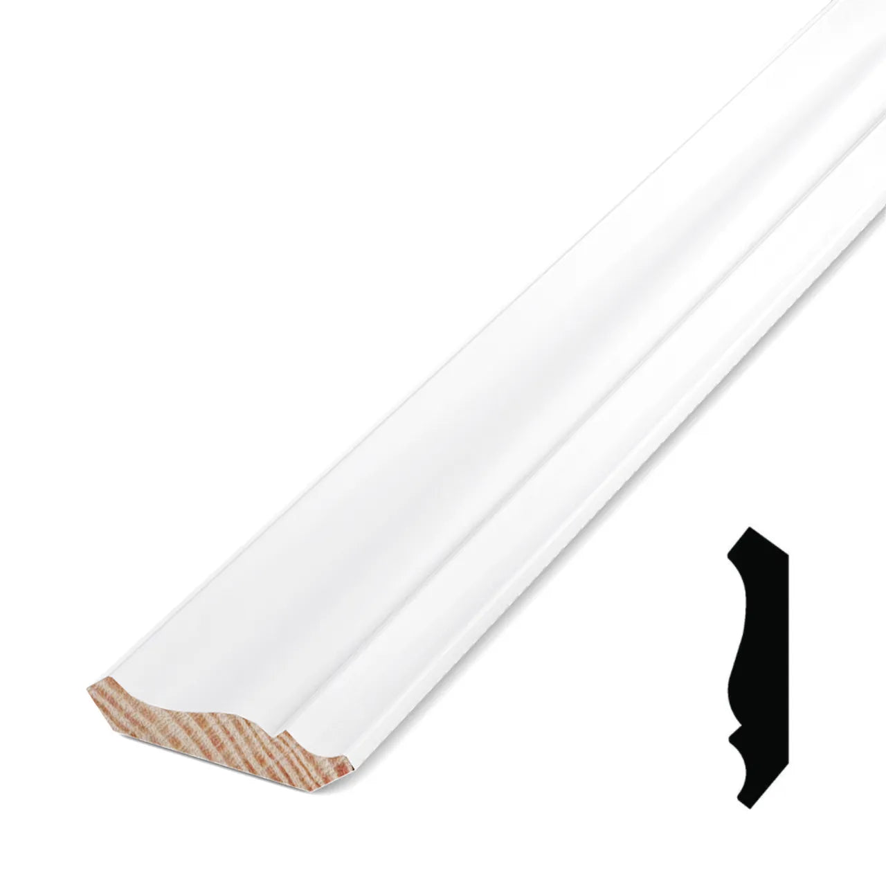 The Go Build 9/16 in. x 2-5/8 in. x 16 ft. Pine Primed Finger-Jointed Crown Moulding features a white-painted finish, one exposed wood-grain end, and a black silhouette showing its detailed profile shape.